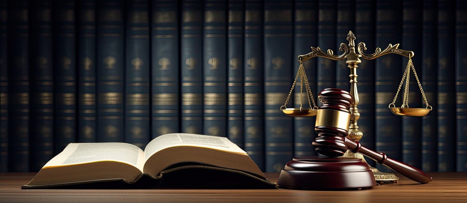 Balança da Justiça, livros de Direito e martelo sobre uma mesa