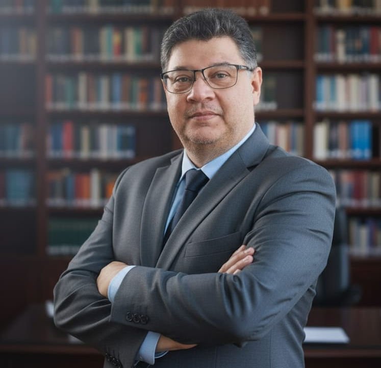 Advogado José Iunes Salmen Júnior em frente a uma biblioteca